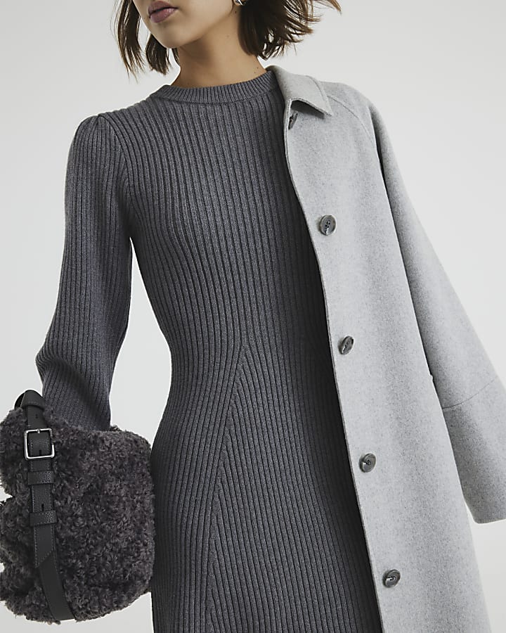 Grey Long Sleeve Knit Ribbed Mini Dress