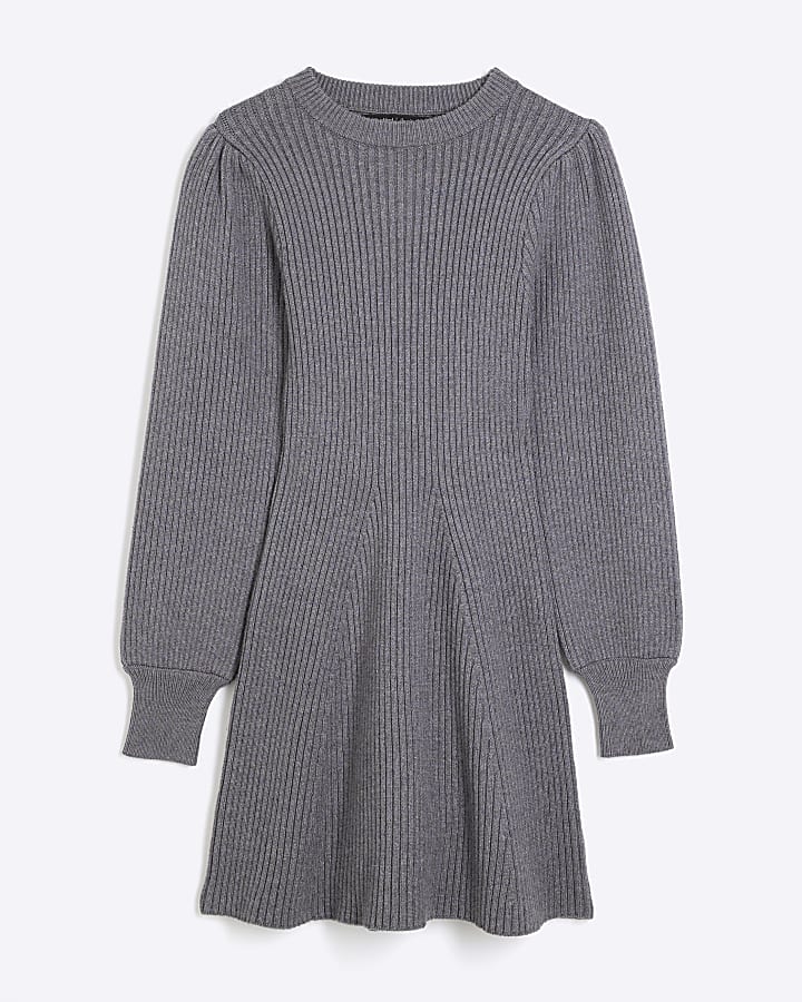 Grey Long Sleeve Knit Ribbed Mini Dress