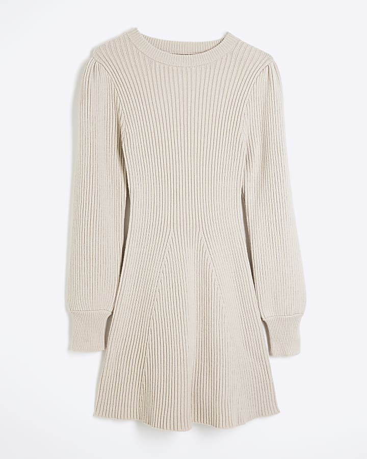 Beige Long Sleeve Ribbed Knit Mini Dress