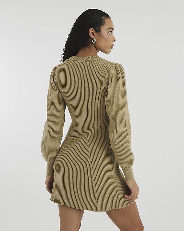 Khaki Long Sleeve Ribbed Knit Mini Dress