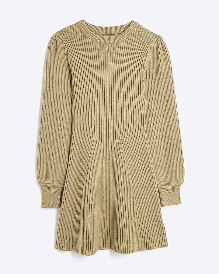 Khaki Long Sleeve Ribbed Knit Mini Dress