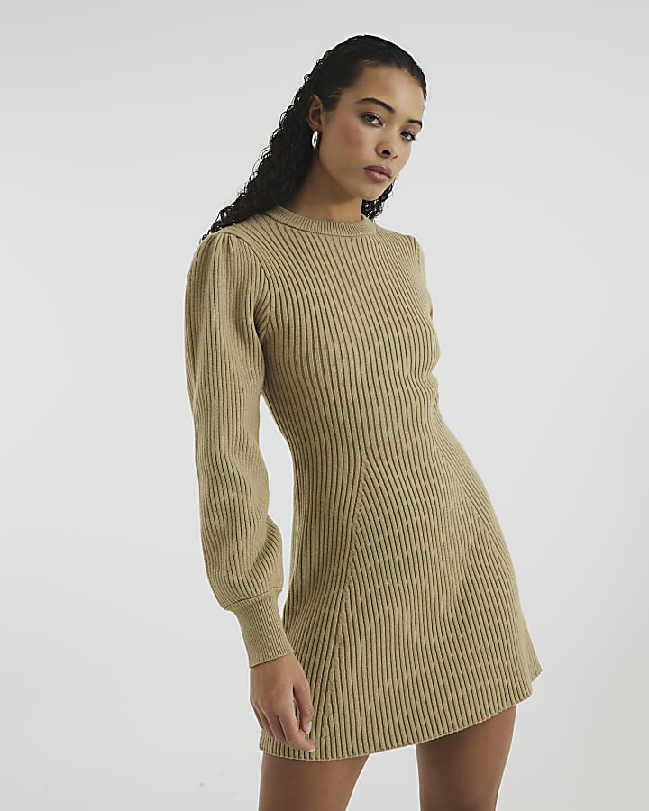 Khaki Long Sleeve Ribbed Knit Mini Dress