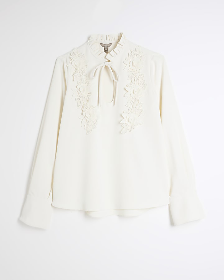 Cream Long Sleeve Tie Floral Applique Blouse