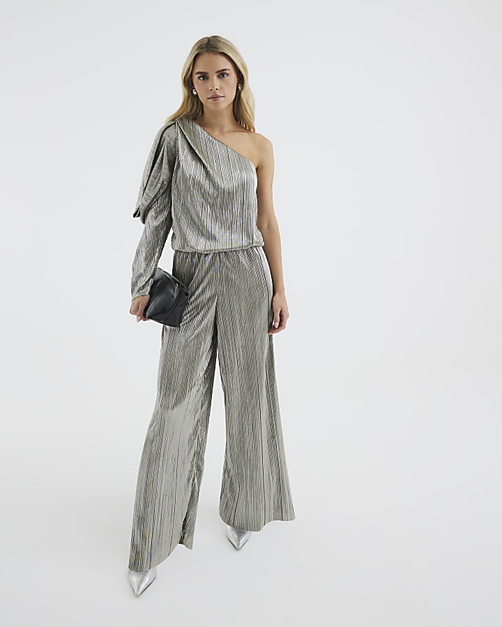 Petite Green Metallic Asymmetric Jumpsuit