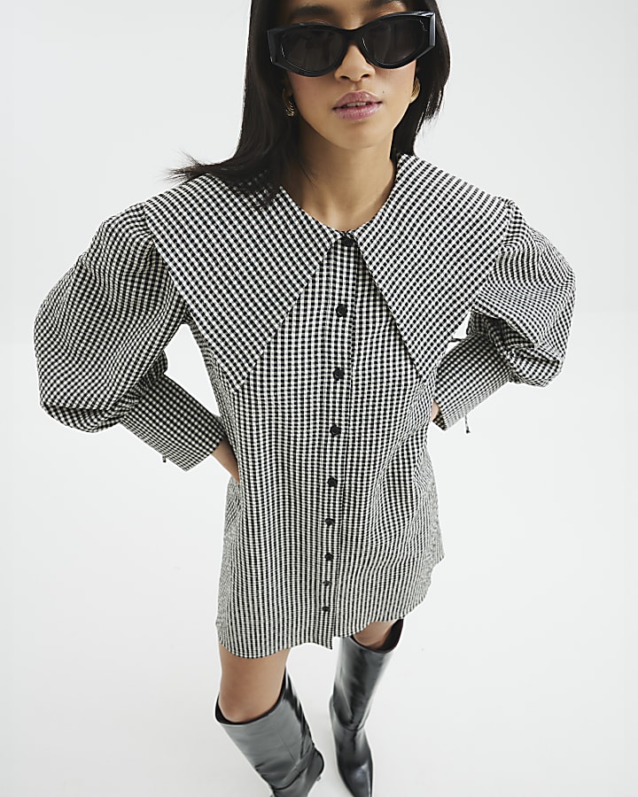 Petite Grey Large Collar Mini Shirt Dress