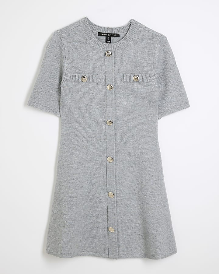 Grey Short Sleeve Button Knit Mini Dress