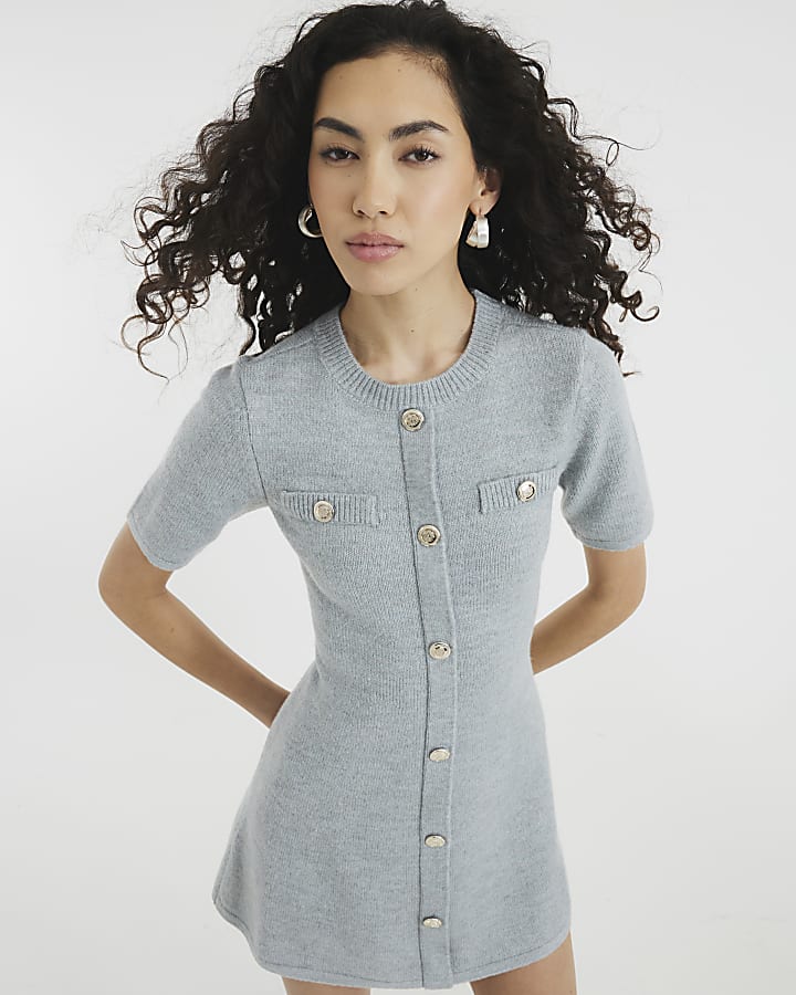 Grey Short Sleeve Button Knit Mini Dress