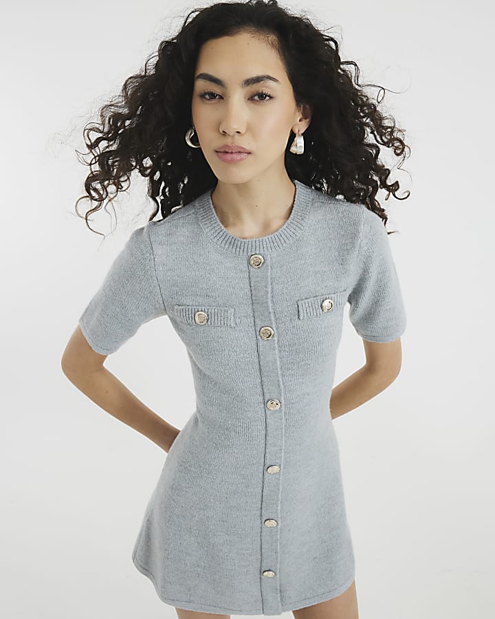 Grey Short Sleeve Button Mini Dress