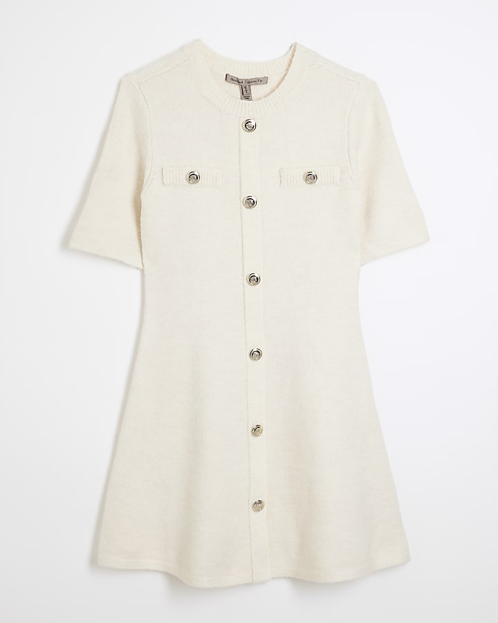 Cream Short Sleeve Button Knit Mini Dress