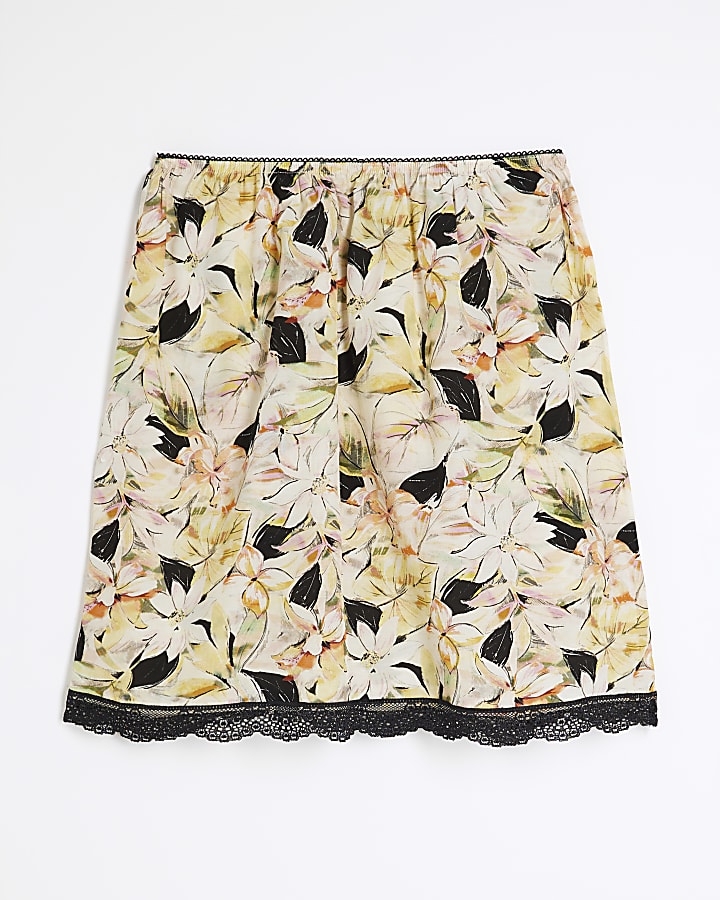 Yellow Floral Lace Trim Mini Skirt