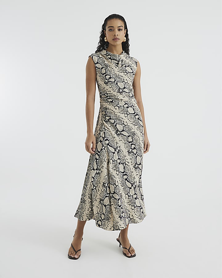 Cream Snake Print Cowl Neck Midi Dress