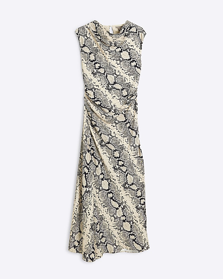 Cream Snake Print Cowl Neck Midi Dress