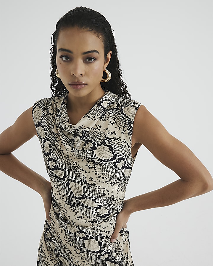 Cream Snake Print Cowl Neck Midi Dress