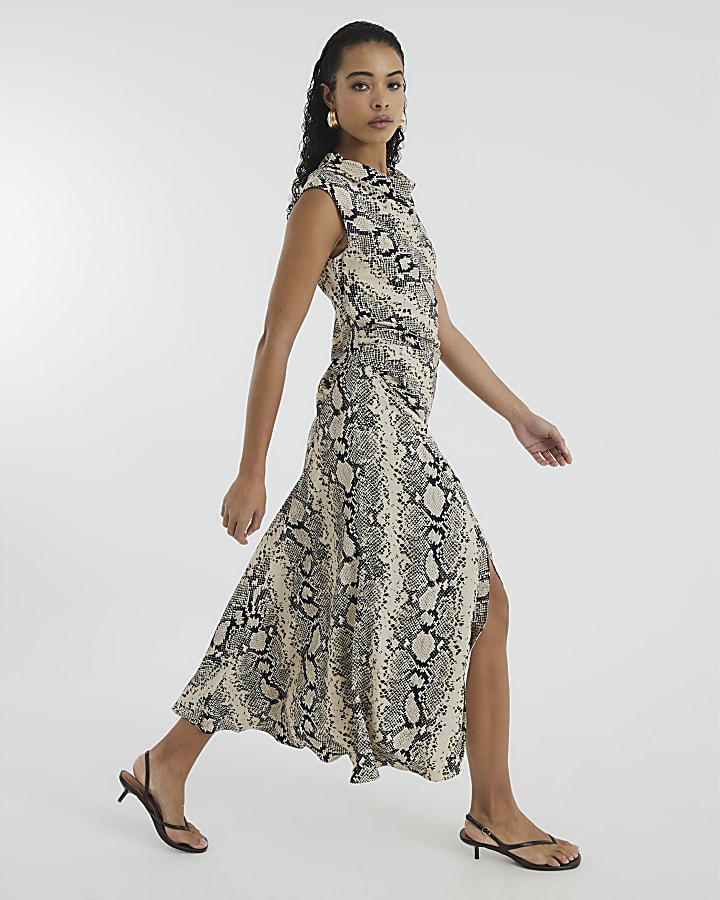 Cream Snake Print Cowl Neck Midi Dress