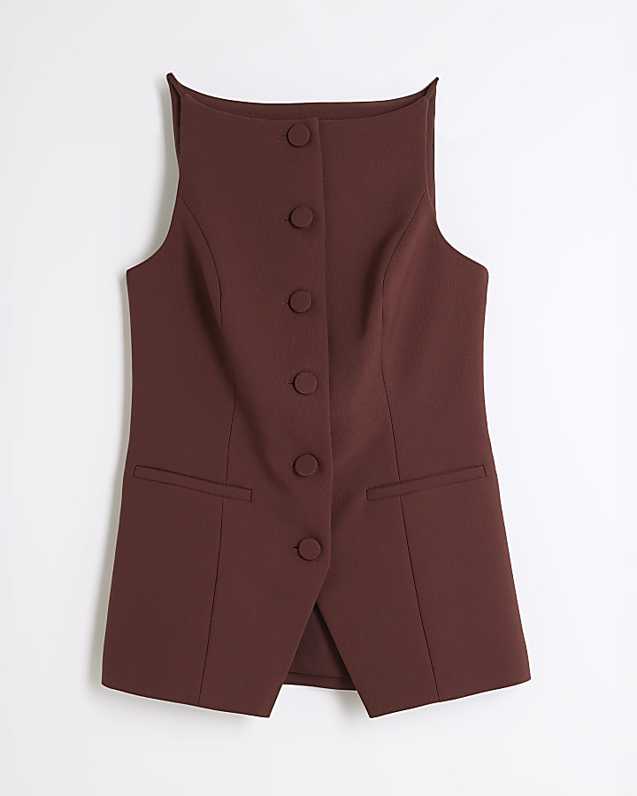 Brown Square Neck Strappy Waistcoat