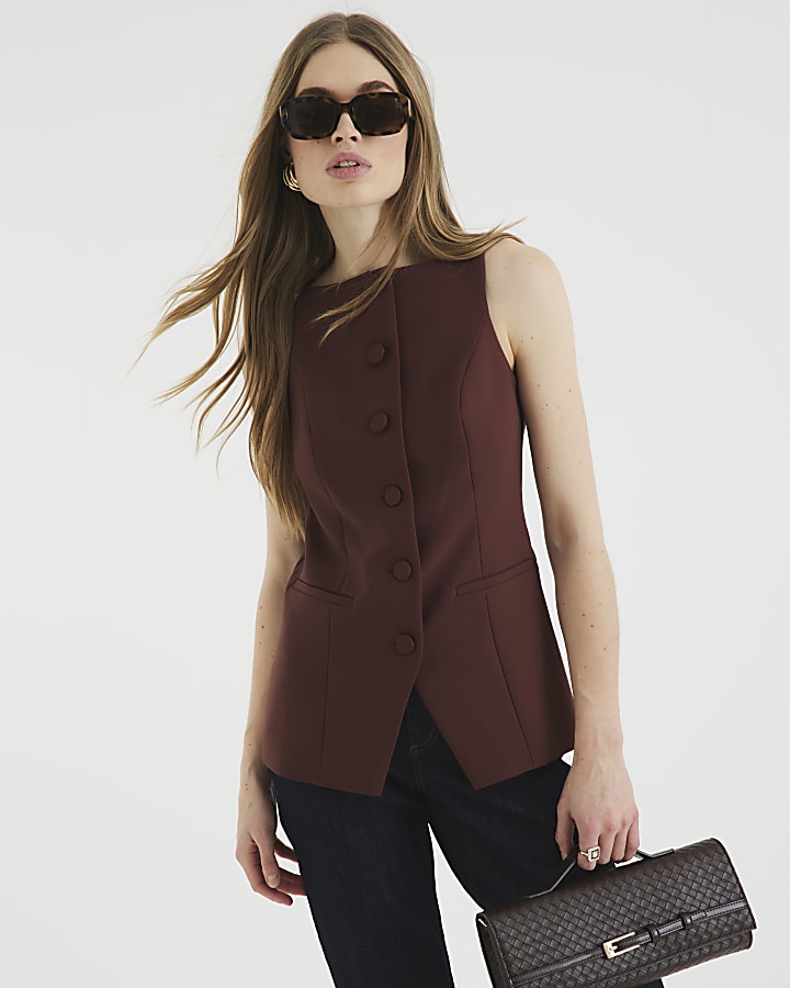 Brown Square Neck Strappy Waistcoat