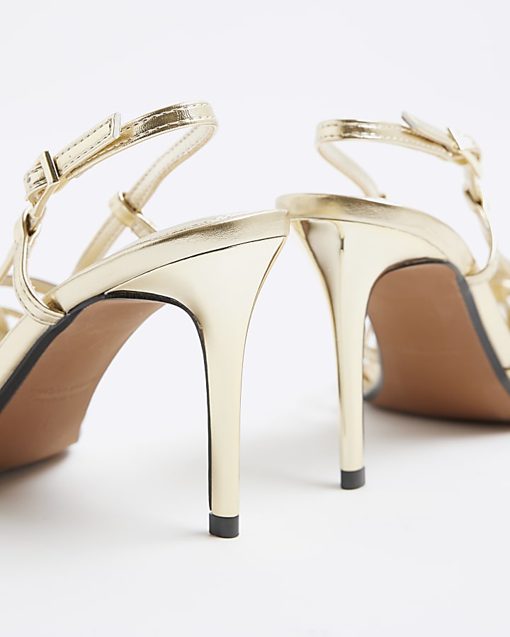 Gold Caged Square Toe Heeled Sandals