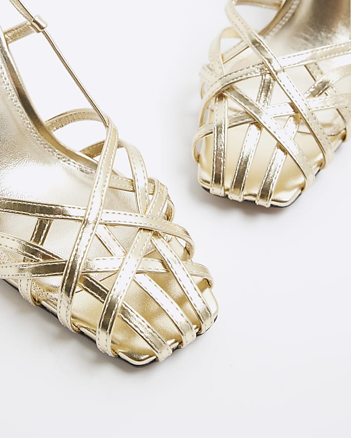 Gold Caged Square Toe Heeled Sandals