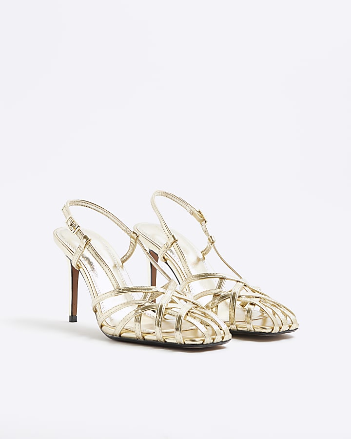 Gold Caged Square Toe Heeled Sandals