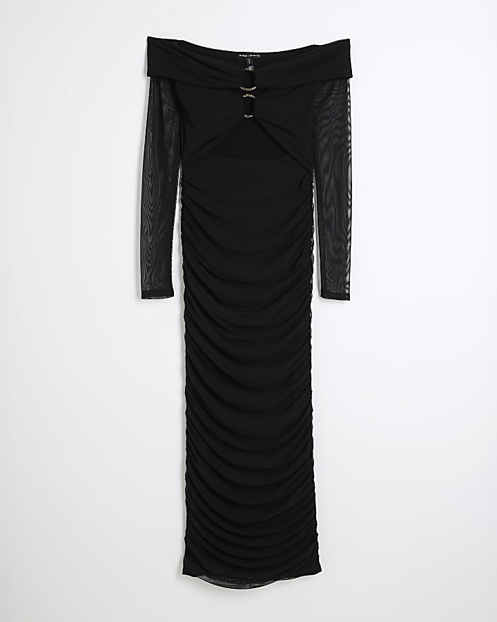 Black Long Sleeve Ring Bardot Midi Dress