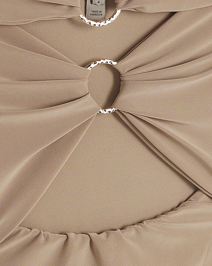 Beige Long Sleeve Ring Bardot Midi Dress