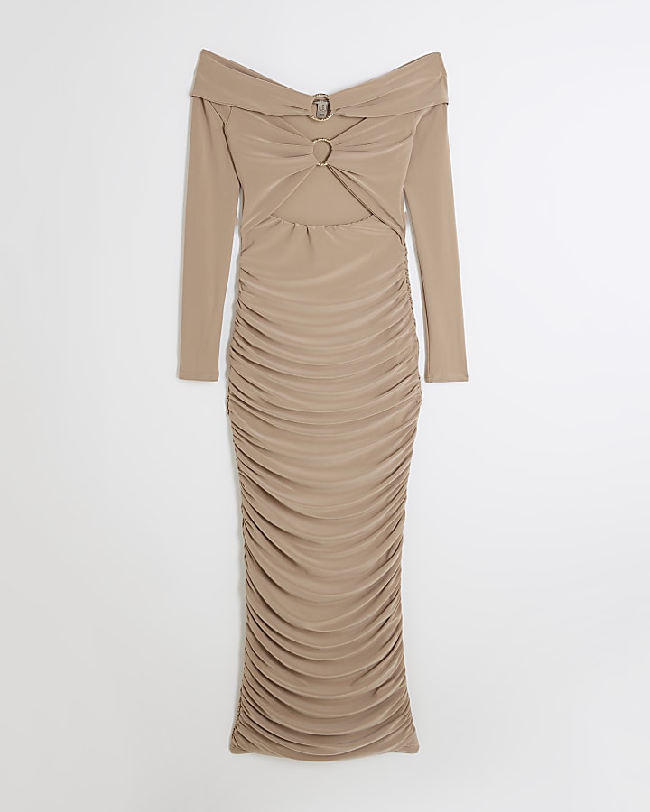 Beige Long Sleeve Ring Bardot Midi Dress