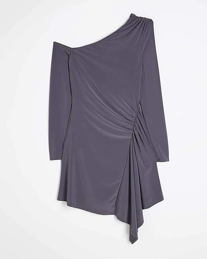 Grey Ruched Hanky Hem Mini Dress