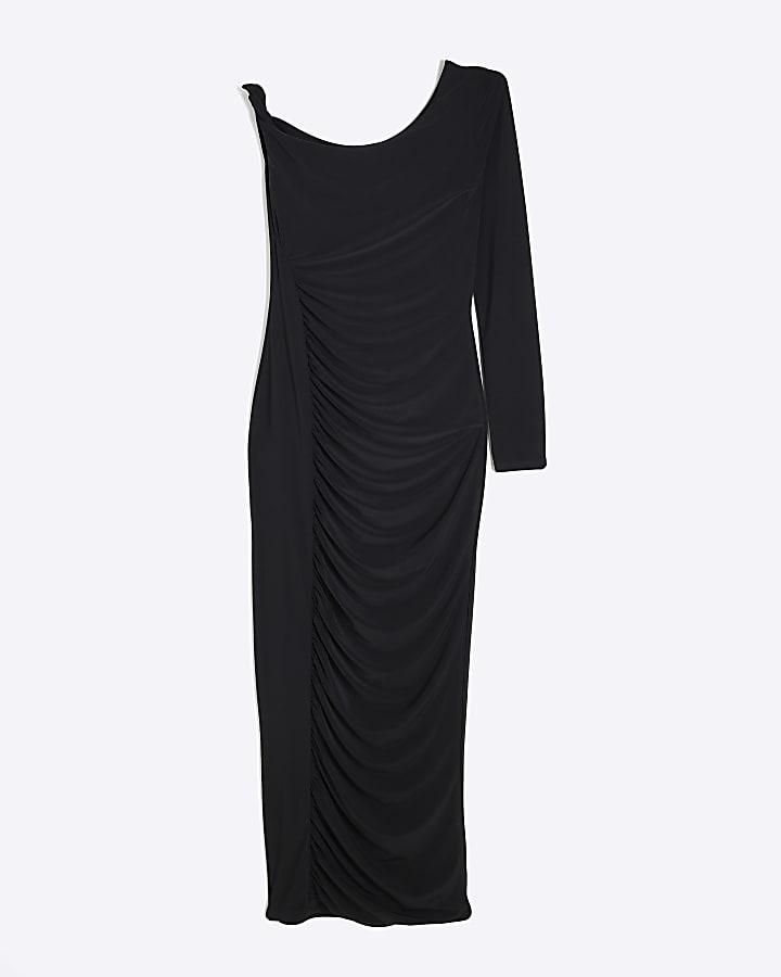 Black Asymmetric Twist Ruched Midi Dress