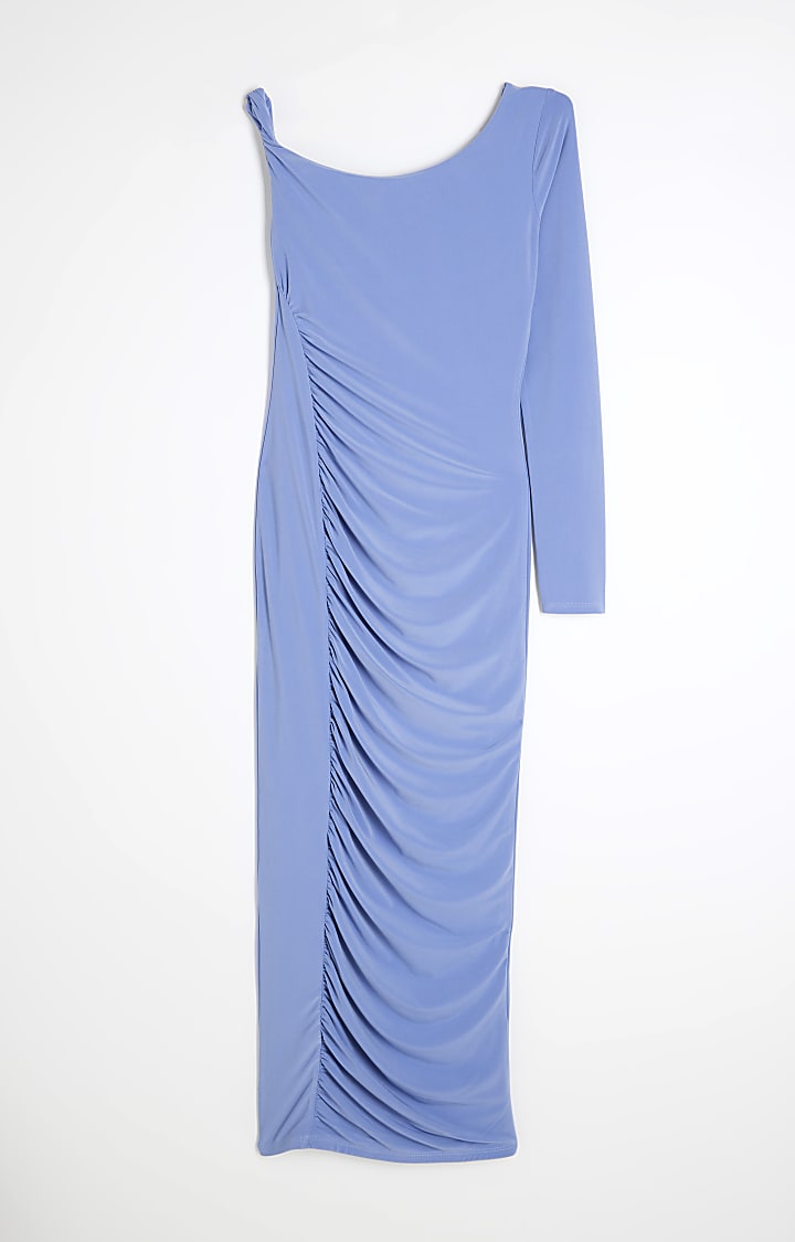 Blue Asymmetric Twist Ruched Midi Dress