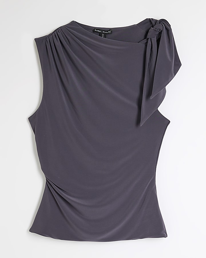 Grey Sleeveless Knot Drape Top