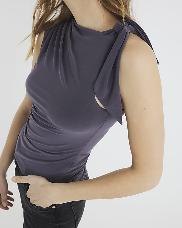 Grey Sleeveless Knot Drape Top