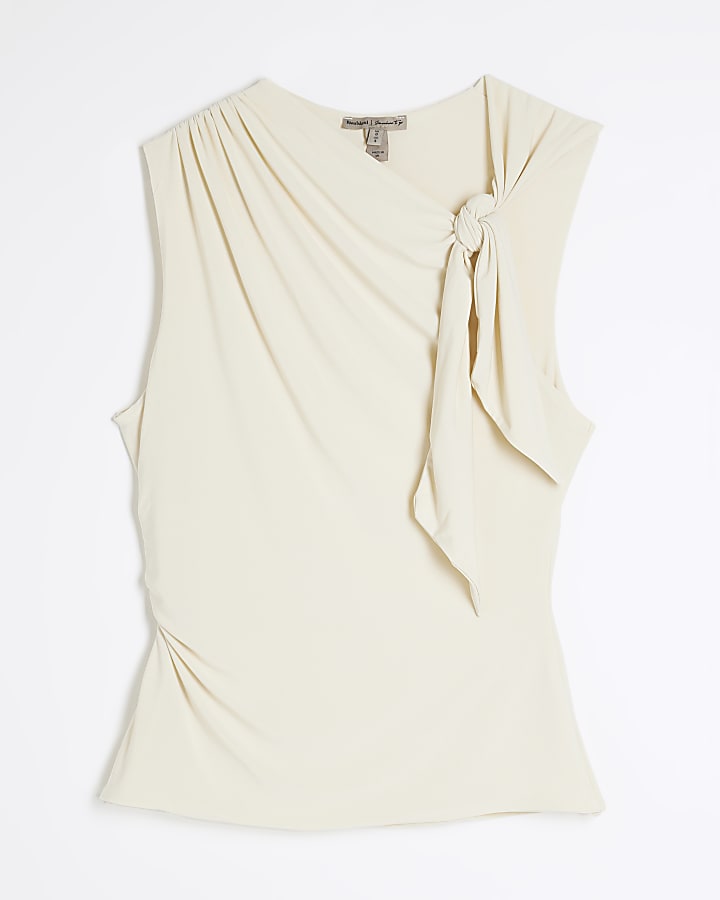 Cream Sleeveless Knot Drape Top