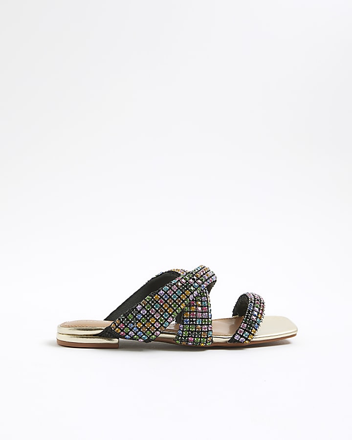 Multi Colour Embellished Twisted Flat Sandals