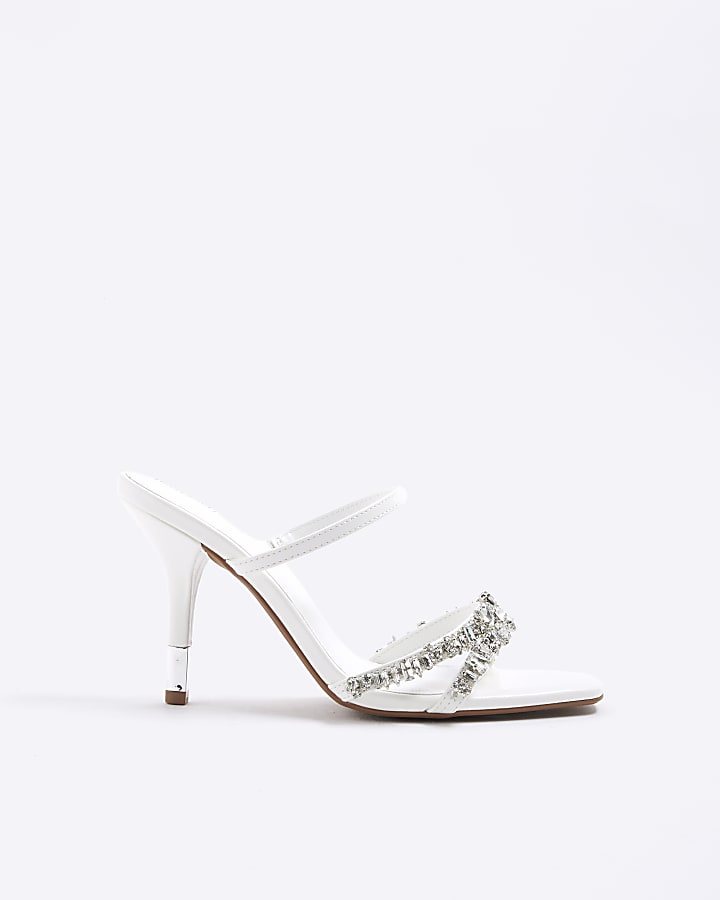 White Diamante Cross Strap Mule Heel Sandals