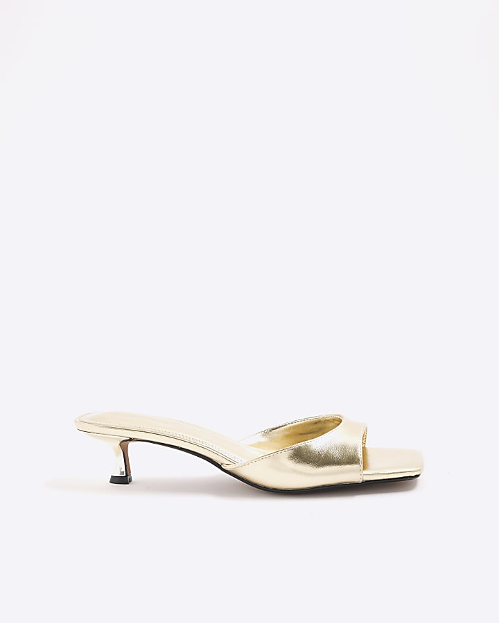 Gold Kitten Heeled Mule Sandals