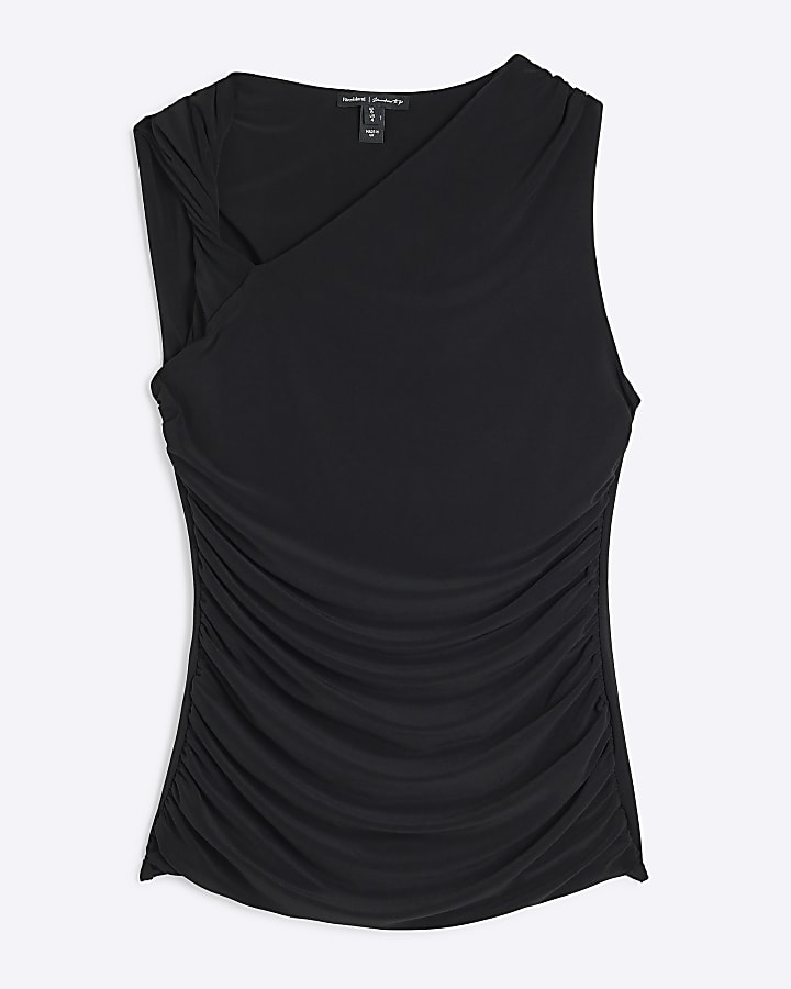 Black Ruched Asymmetric Sleeveless Top