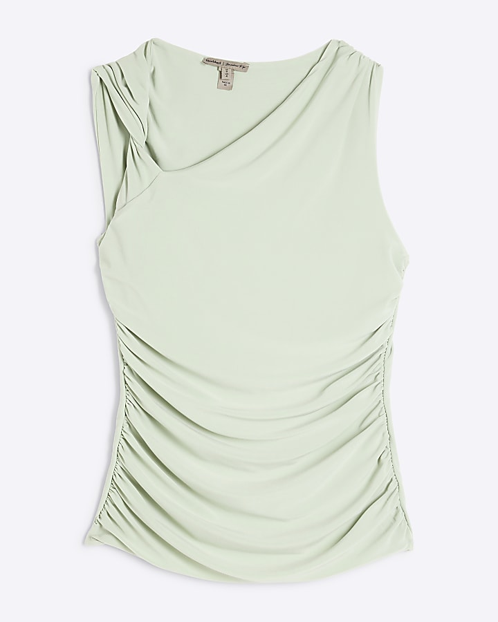 Green Sleeveless Ruched Asymmetric Top