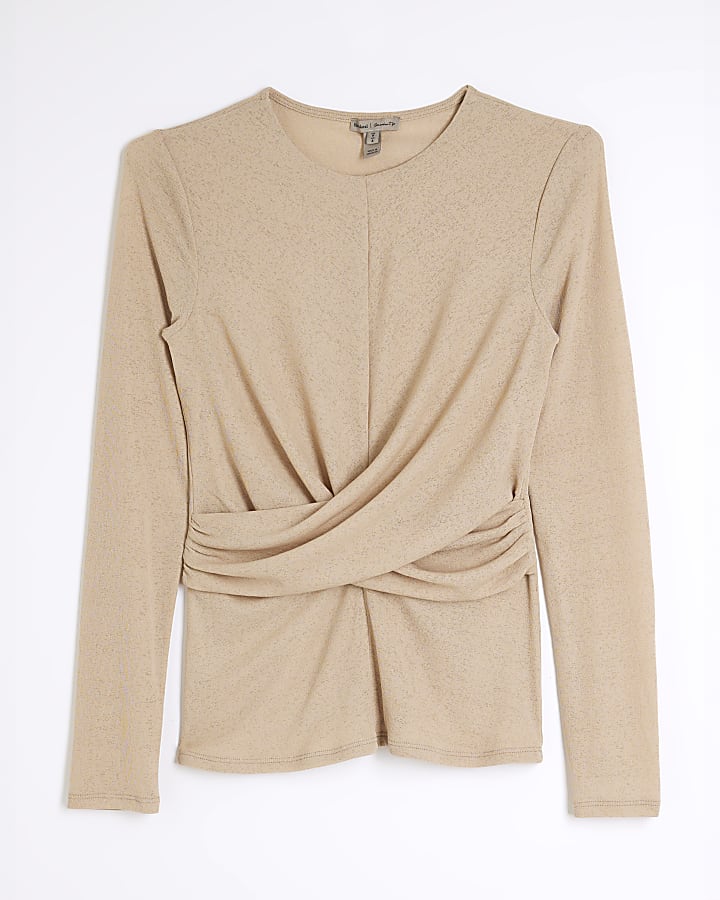 Beige Long Sleeve Wrap Top