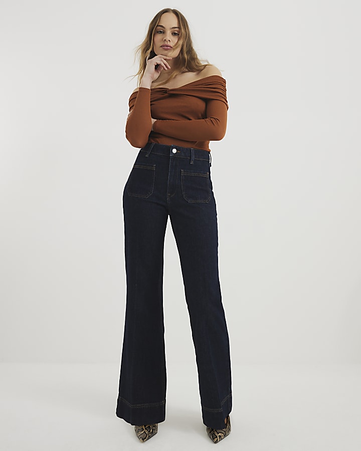 Rust Long Sleeve Ruched Bardot Top