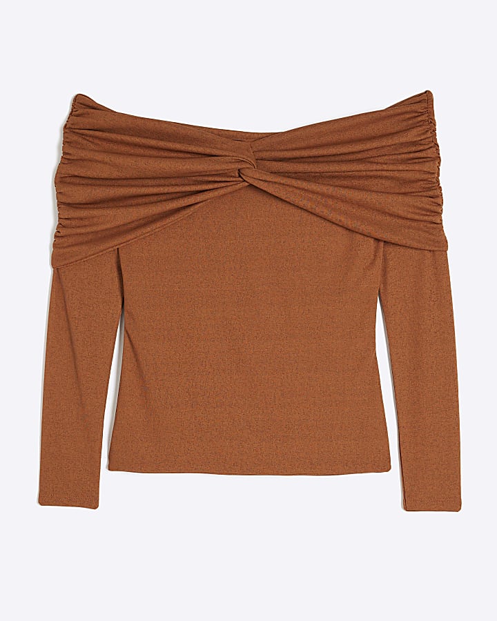 Rust Long Sleeve Ruched Bardot Top