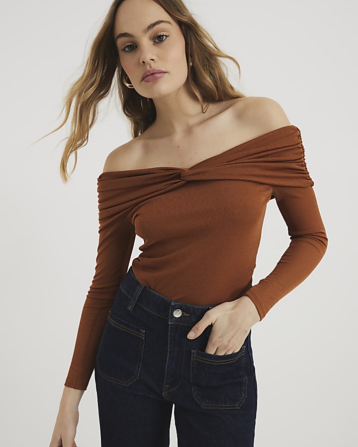 Rust Long Sleeve Ruched Bardot Top