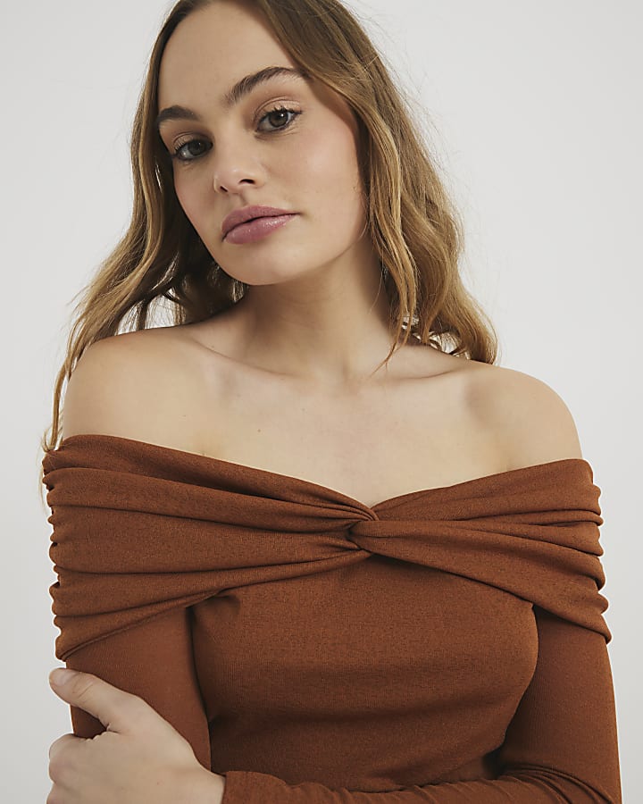 Rust Long Sleeve Ruched Bardot Top