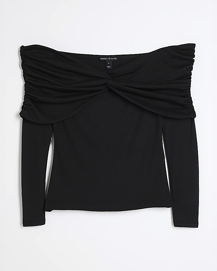 Black Long Sleeve Ruched Bardot Top