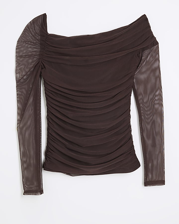 Brown Asymmetric Neck Ruched Mesh Top