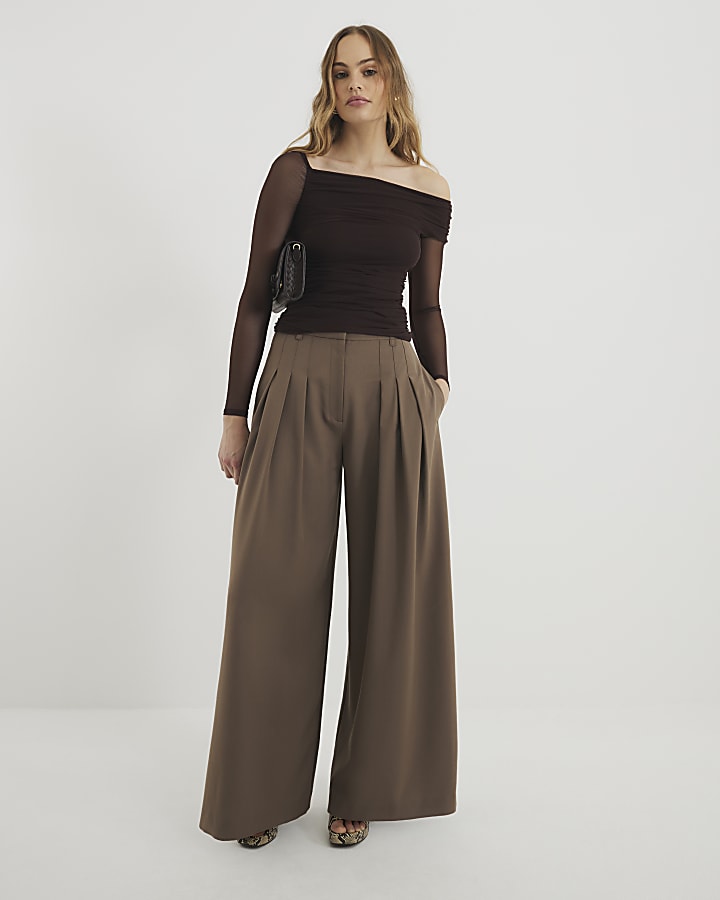 Brown Asymmetric Neck Ruched Mesh Top