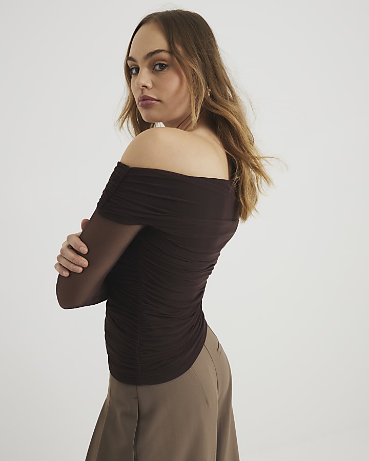 Brown Asymmetric Neck Ruched Mesh Top