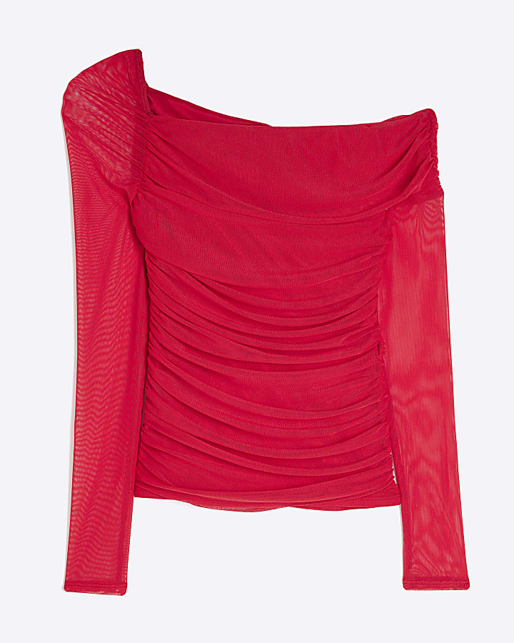 Red Asymmetric Neck Ruched Mesh Top