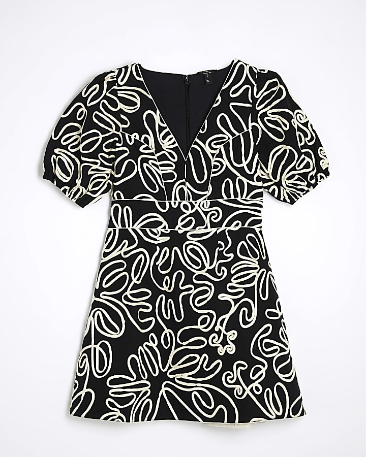 Black Short Puff Sleeve Floral Mini Dress