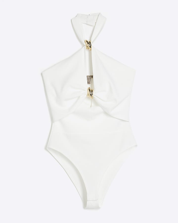 White Halter Neck Cut Out Bodysuit