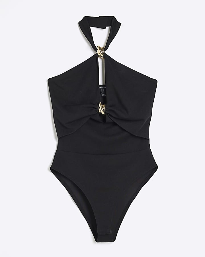 Black Halter Neck Cut Out Bodysuit